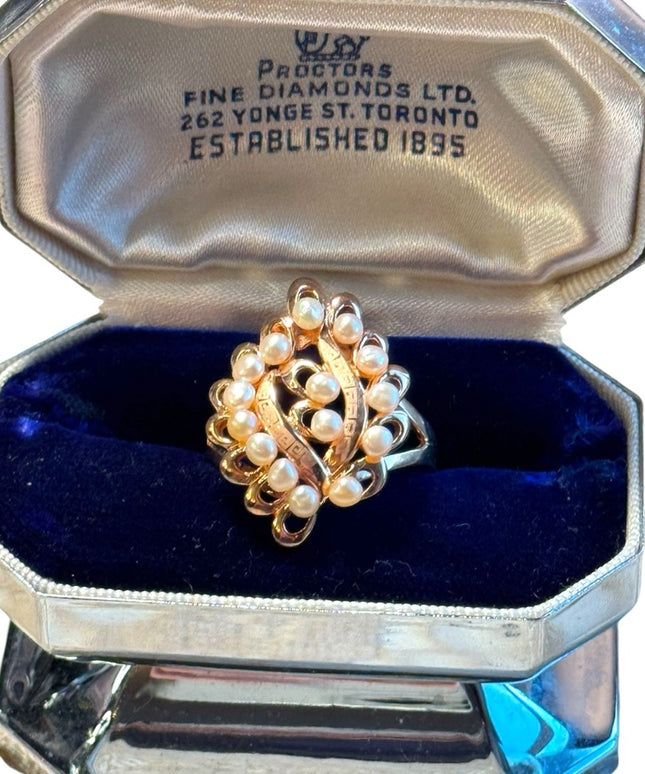 Rose gold plt sterling silver 925 pearl greek key etching dinner ring cluster