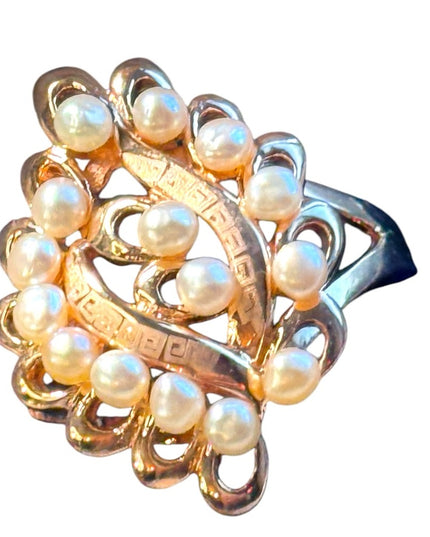 Rose gold plt sterling silver 925 pearl greek key etching dinner ring cluster
