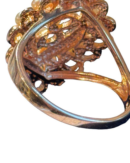 Rose gold plt sterling silver 925 pearl greek key etching dinner ring cluster