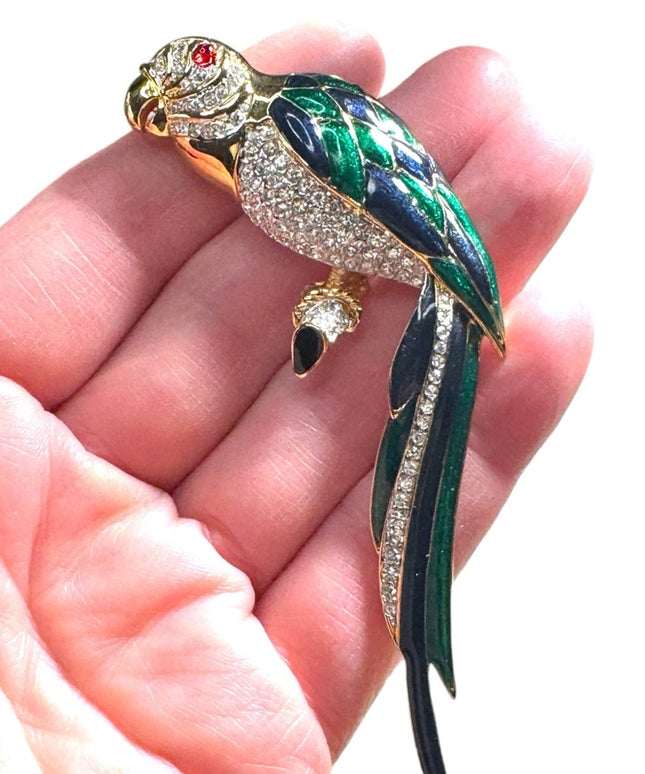 Vintage Dorlan stamped enameled colorful crystal large bird brooch