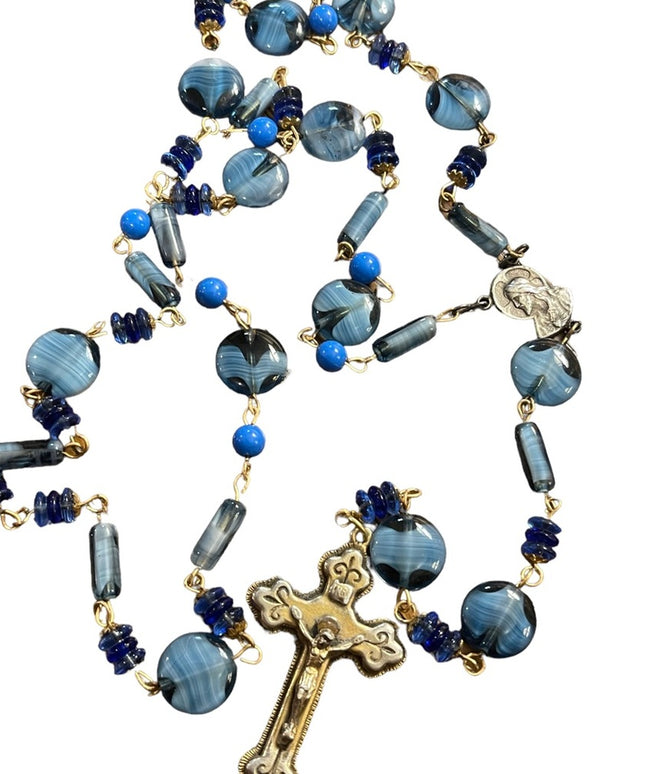 Vintage blue Italian Murano glass Catholic rosary necklace Cross crucifix