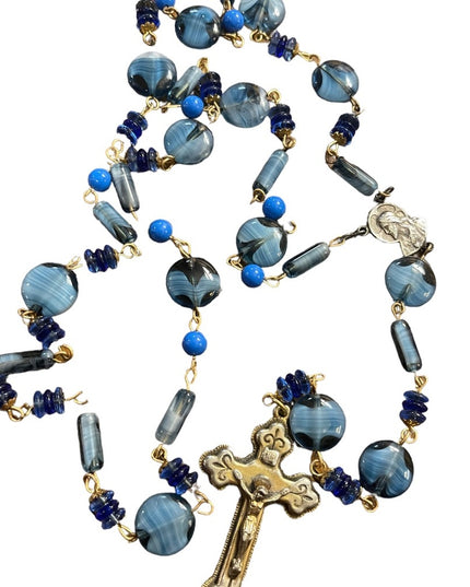 Vintage blue Italian Murano glass Catholic rosary necklace Cross crucifix