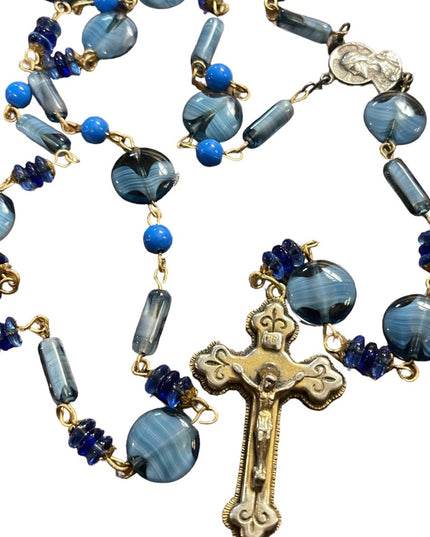 Vintage blue Italian Murano glass Catholic rosary necklace Cross crucifix