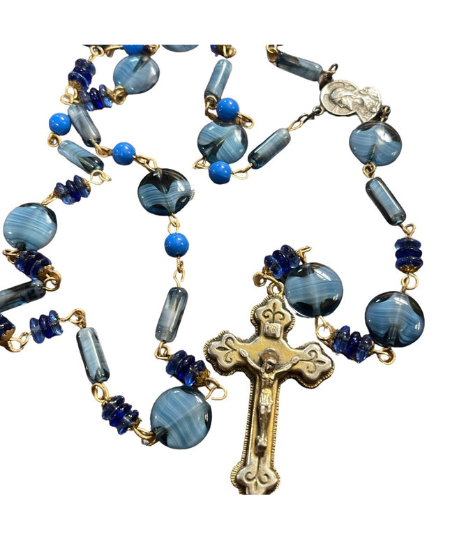 Vintage blue Italian Murano glass Catholic rosary necklace Cross crucifix