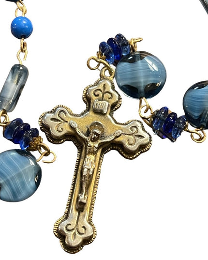 Vintage blue Italian Murano glass Catholic rosary necklace Cross crucifix