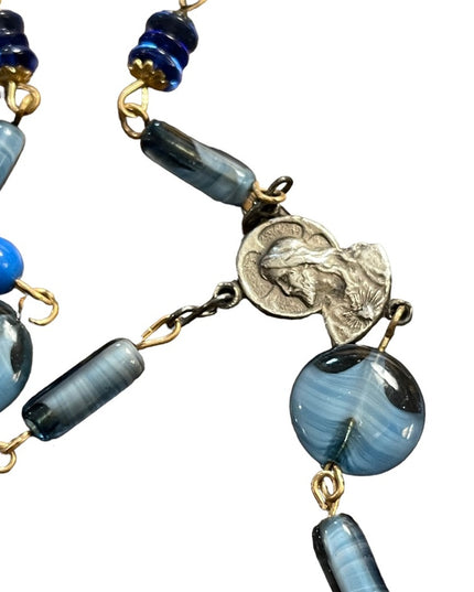 Vintage blue Italian Murano glass Catholic rosary necklace Cross crucifix