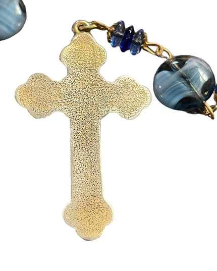 Vintage blue Italian Murano glass Catholic rosary necklace Cross crucifix