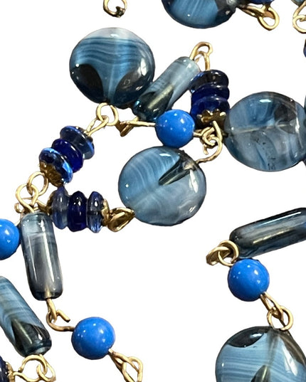 Vintage blue Italian Murano glass Catholic rosary necklace Cross crucifix
