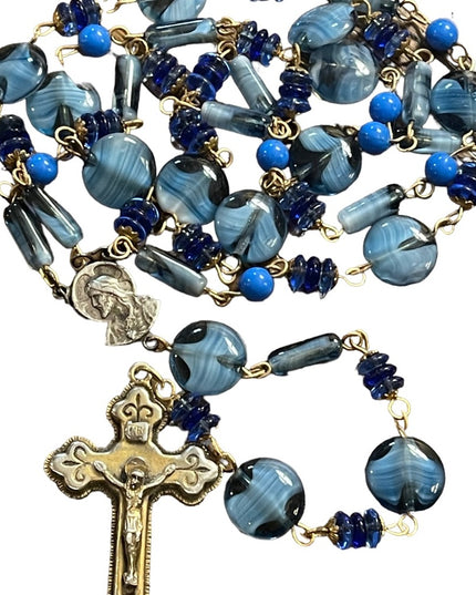 Vintage blue Italian Murano glass Catholic rosary necklace Cross crucifix