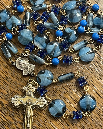Vintage blue Italian Murano glass Catholic rosary necklace Cross crucifix