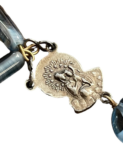 Vintage blue Italian Murano glass Catholic rosary necklace Cross crucifix