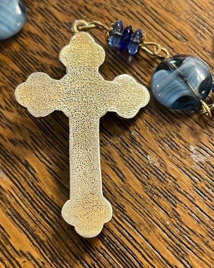 Vintage blue Italian Murano glass Catholic rosary necklace Cross crucifix