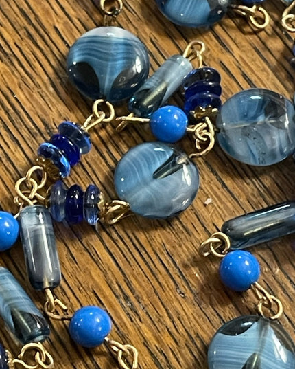 Vintage blue Italian Murano glass Catholic rosary necklace Cross crucifix