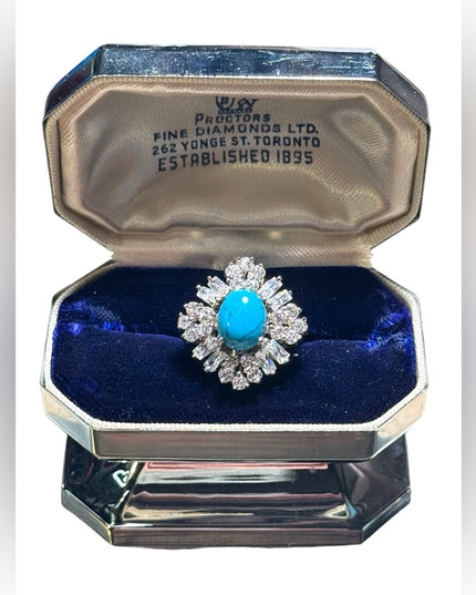 Stunning sterling silver 925 rhodium plt CZ turquoise cluster ring fancy