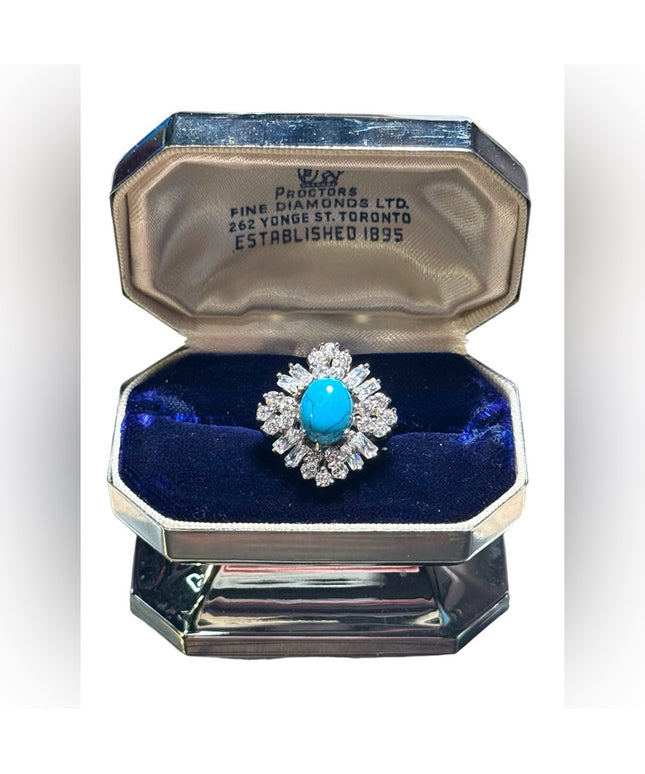 Stunning sterling silver 925 rhodium plt CZ turquoise cluster ring fancy