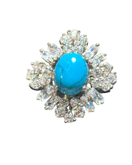 Stunning sterling silver 925 rhodium plt CZ turquoise cluster ring fancy