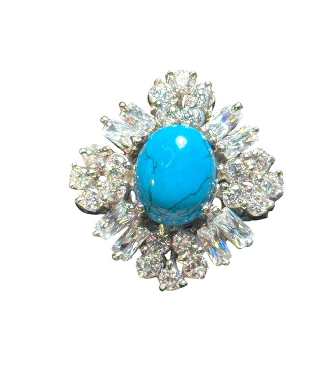 Stunning sterling silver 925 rhodium plt CZ turquoise cluster ring fancy