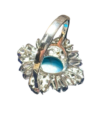 Stunning sterling silver 925 rhodium plt CZ turquoise cluster ring fancy