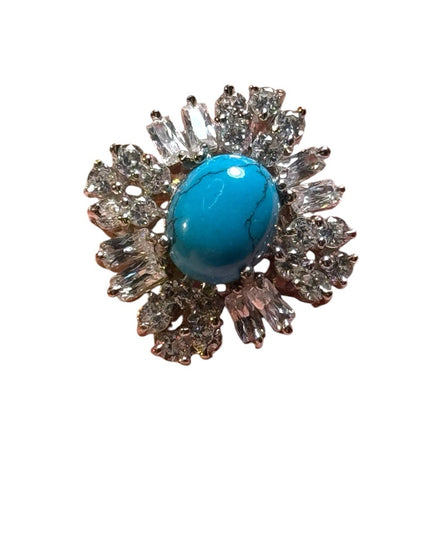 Stunning sterling silver 925 rhodium plt CZ turquoise cluster ring fancy