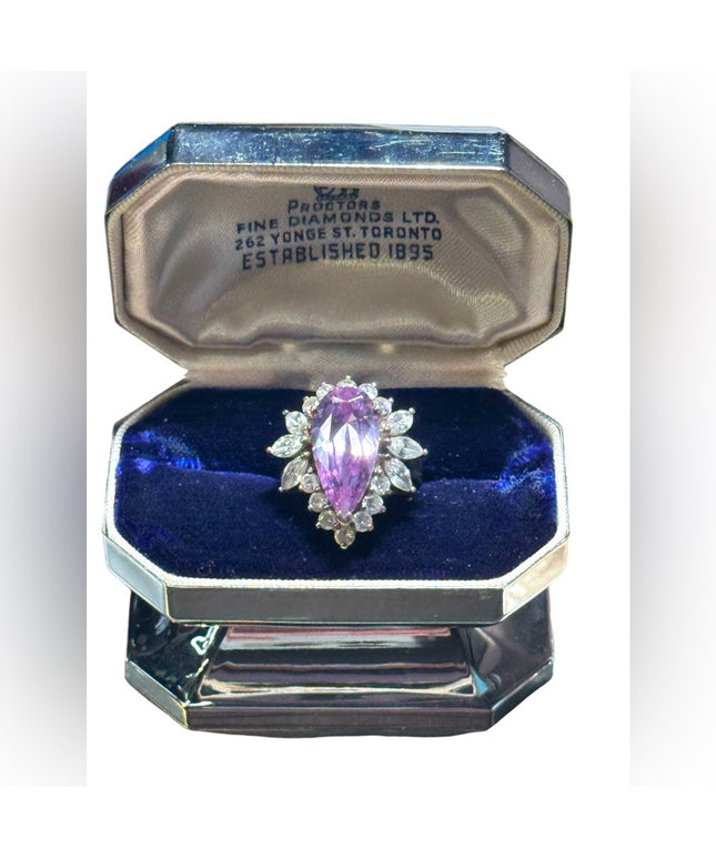 Stunning silver 925 pear shape CZ amethyst glass cluster dinner ring