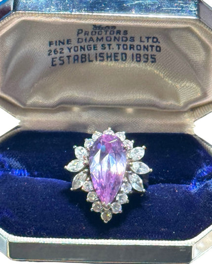 Stunning silver 925 pear shape CZ amethyst glass cluster dinner ring