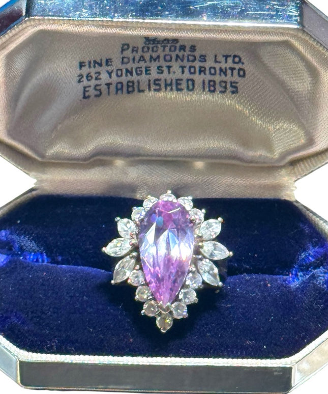 Stunning silver 925 pear shape CZ amethyst glass cluster dinner ring