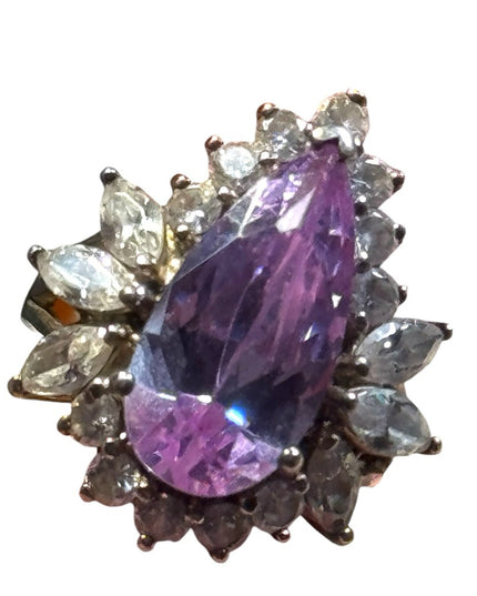 Stunning silver 925 pear shape CZ amethyst glass cluster dinner ring