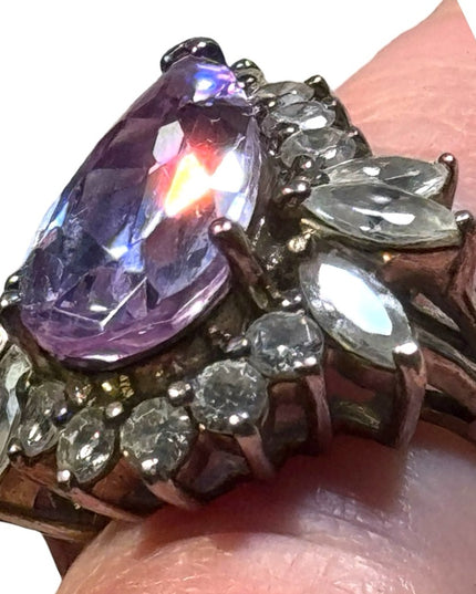 Stunning silver 925 pear shape CZ amethyst glass cluster dinner ring