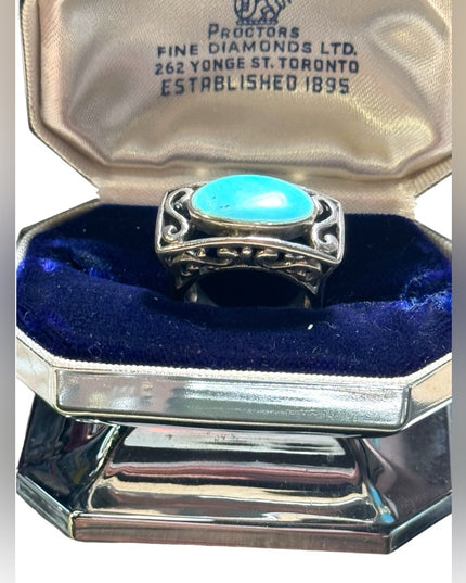 Fancy ornate scroll work chunky turquoise ring 925 sterling silver