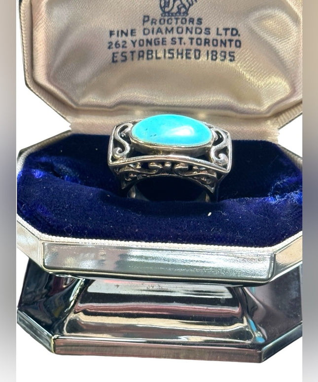 Fancy ornate scroll work chunky turquoise ring 925 sterling silver