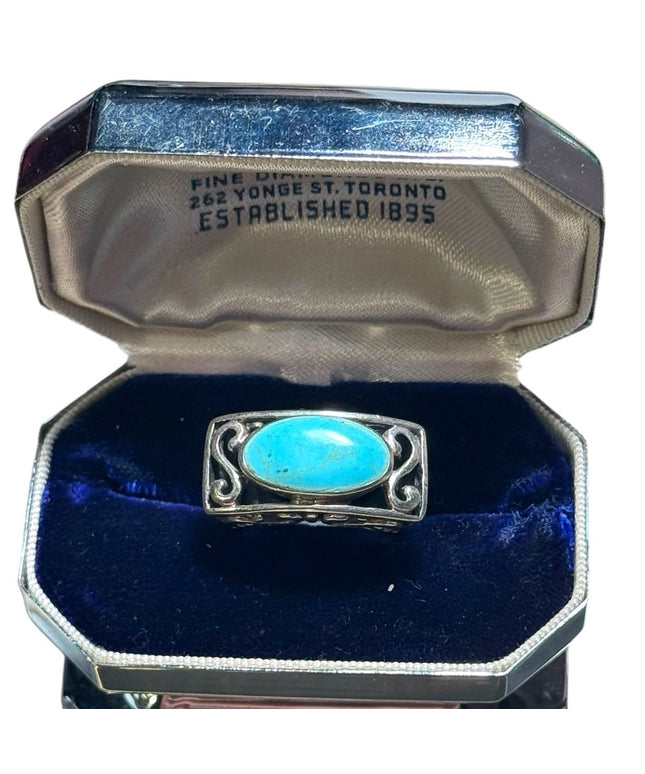 Fancy ornate scroll work chunky turquoise ring 925 sterling silver