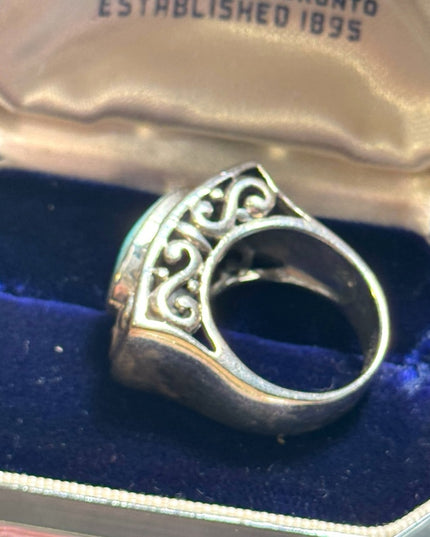 Fancy ornate scroll work chunky turquoise ring 925 sterling silver