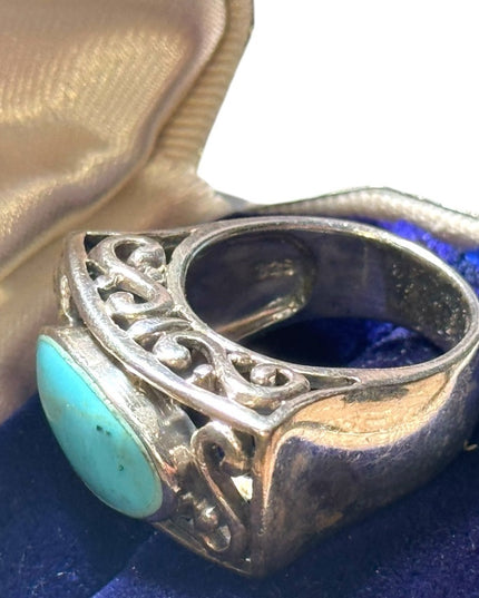 Fancy ornate scroll work chunky turquoise ring 925 sterling silver