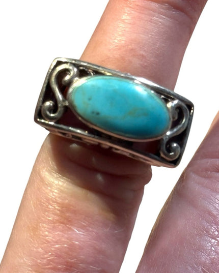 Fancy ornate scroll work chunky turquoise ring 925 sterling silver