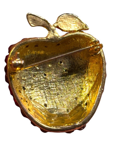 Vintage red crystal fancy apple brooch gold finish