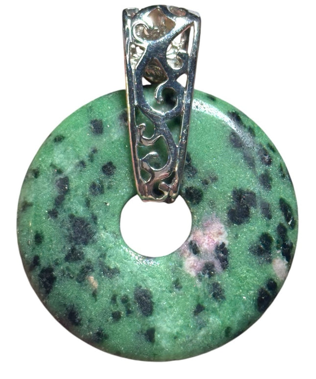 Large silver ruby zoisite disk pendant