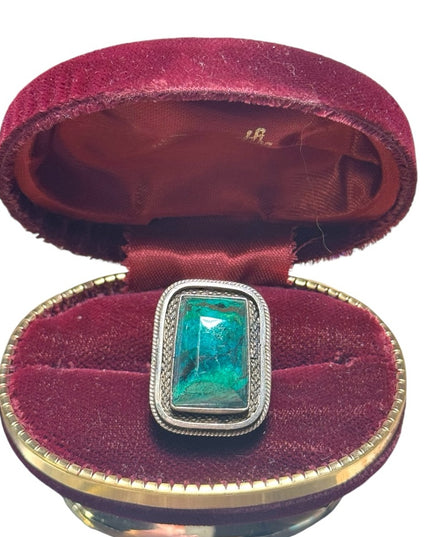 Sterling silver Mexico malachite fancy rectangle statement ring