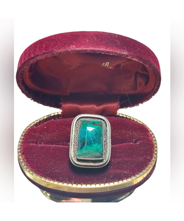 Sterling silver Mexico malachite fancy rectangle statement ring