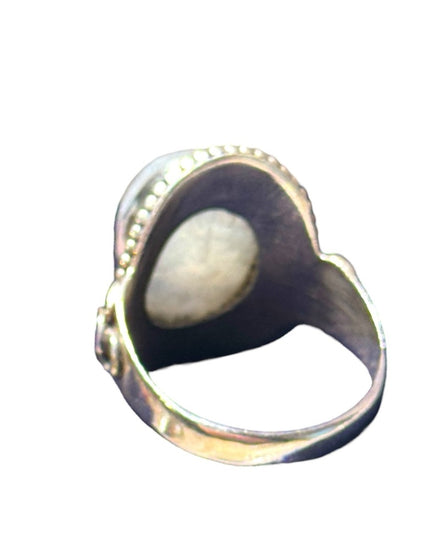 Fancy sterling silver925 oval moonstone irnate scrolled design ring