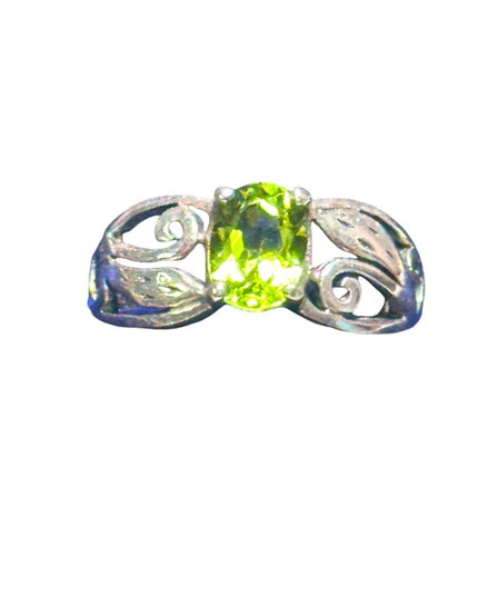 Fancy sterling silver scrollwork design peridot stone ring