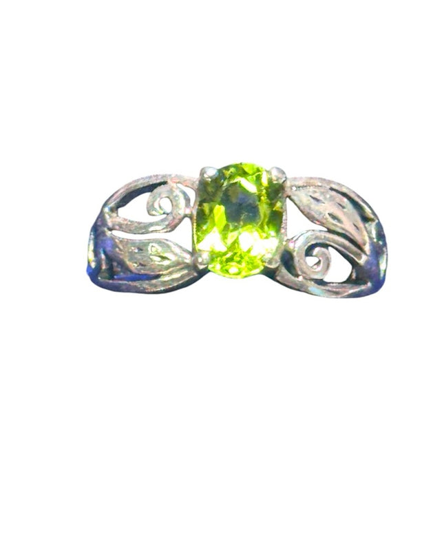 Fancy sterling silver scrollwork design peridot stone ring