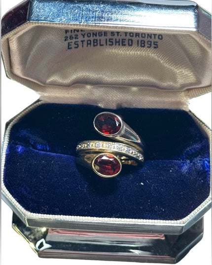 lovely sterking & gold plt Garnet with diamonds twist ring