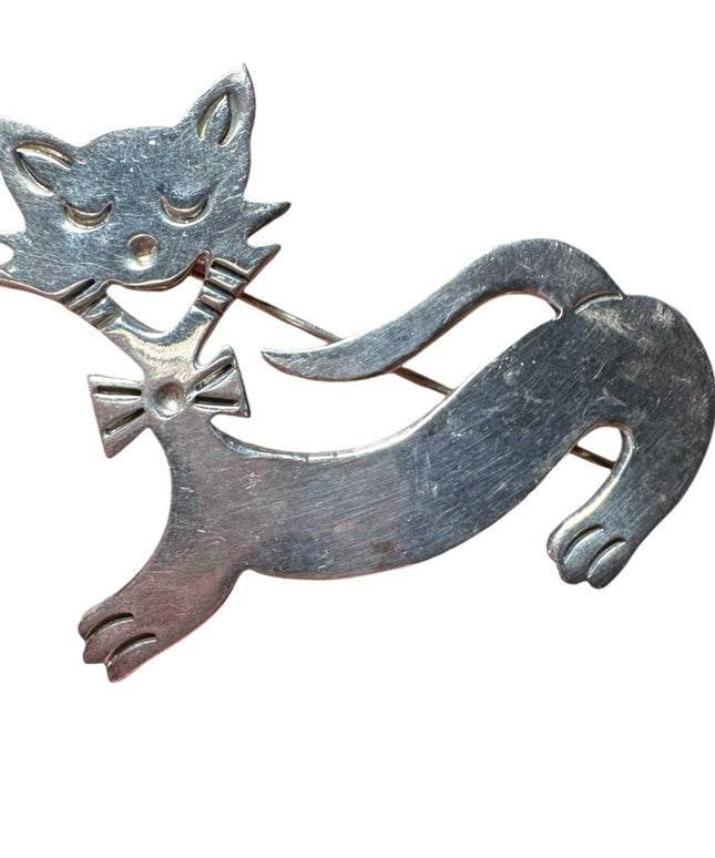 Vintage Taxco Tc-107 925 sterling silver smiling cat brooch