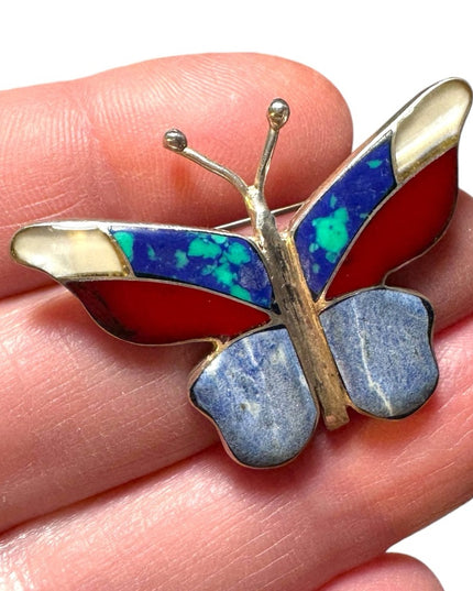 Vintage sterling silver 980 mosaic multi gemstone butterfly brooch