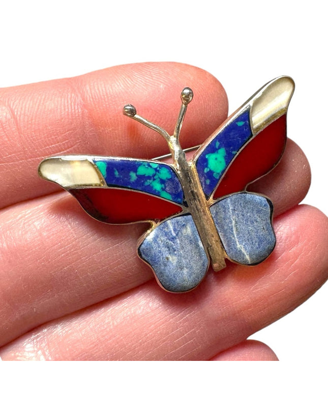 Vintage sterling silver 980 mosaic multi gemstone butterfly brooch