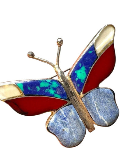 Vintage sterling silver 980 mosaic multi gemstone butterfly brooch