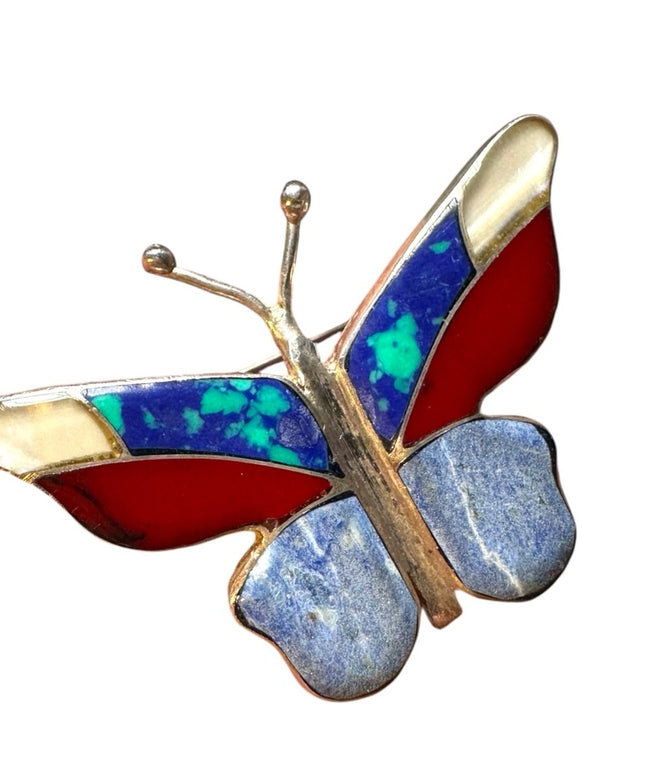 Vintage sterling silver 980 mosaic multi gemstone butterfly brooch