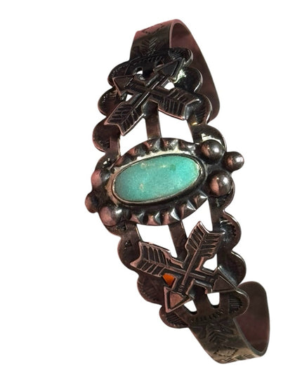 Vintage coin silver Navajo southwestern turquoise etched cuff bracelet