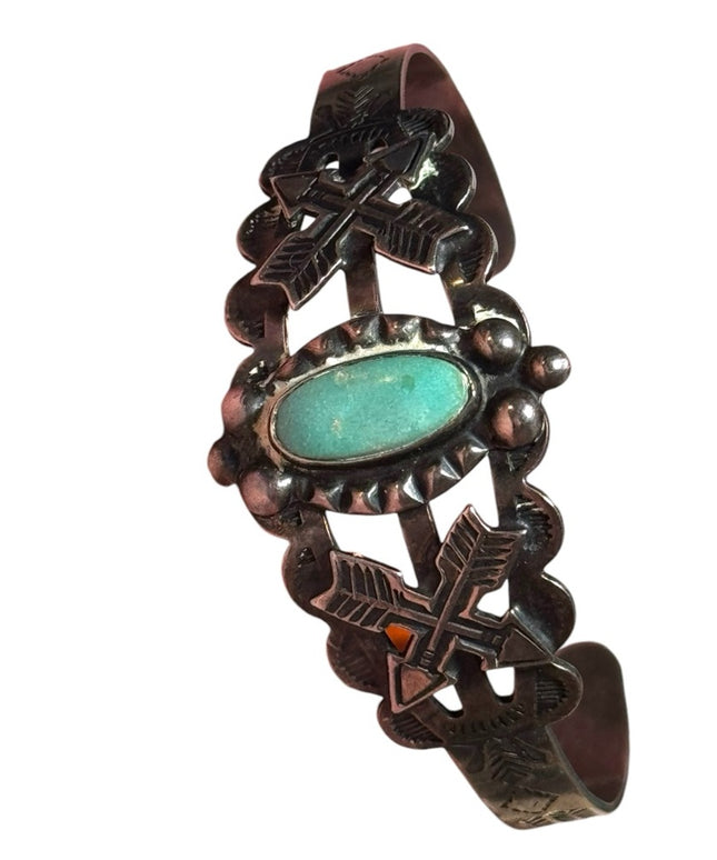 Vintage coin silver Navajo southwestern turquoise etched cuff bracelet