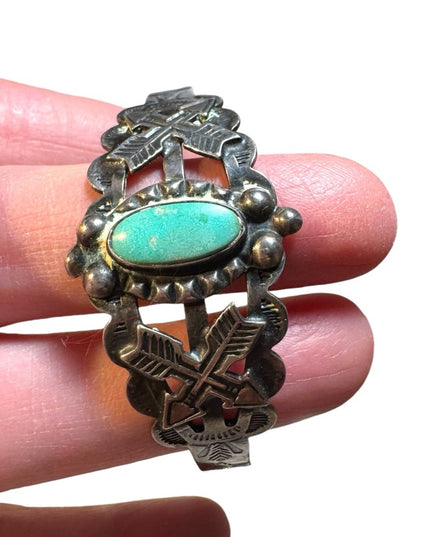 Vintage coin silver Navajo southwestern turquoise etched cuff bracelet
